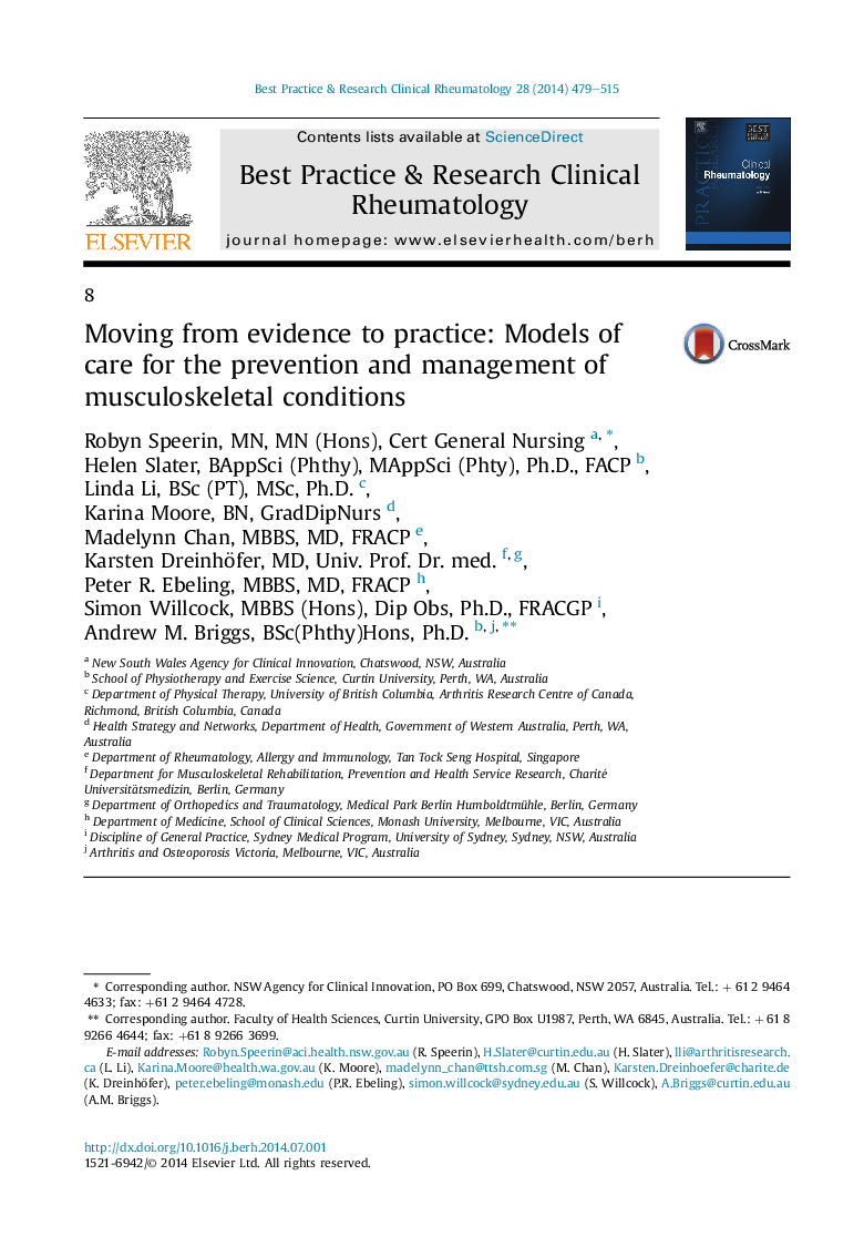 Moving from evidence to practice: Models of care for the prevention and management of musculoskeletal conditions