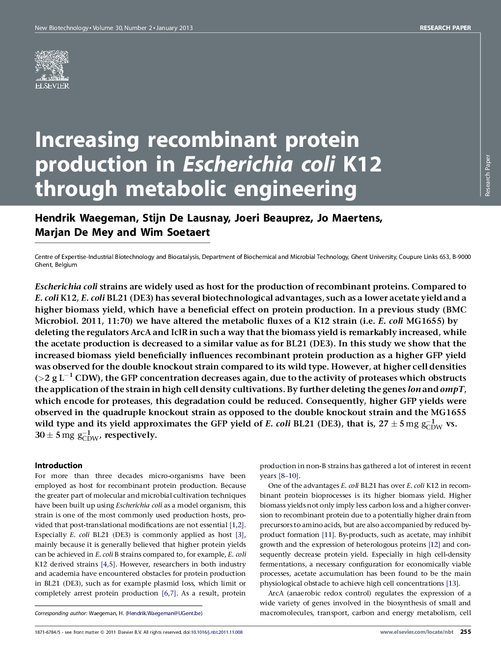 عکس صفحه اول مقاله: Increasing recombinant protein production in Escherichia coli K12 through metabolic engineering Increasing recombinant protein production in Escherichia coli K12 through metabolic engineering
