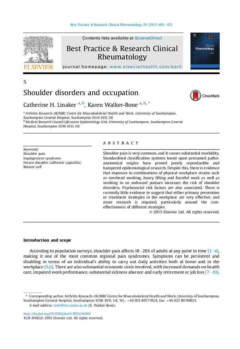 Shoulder disorders and occupation