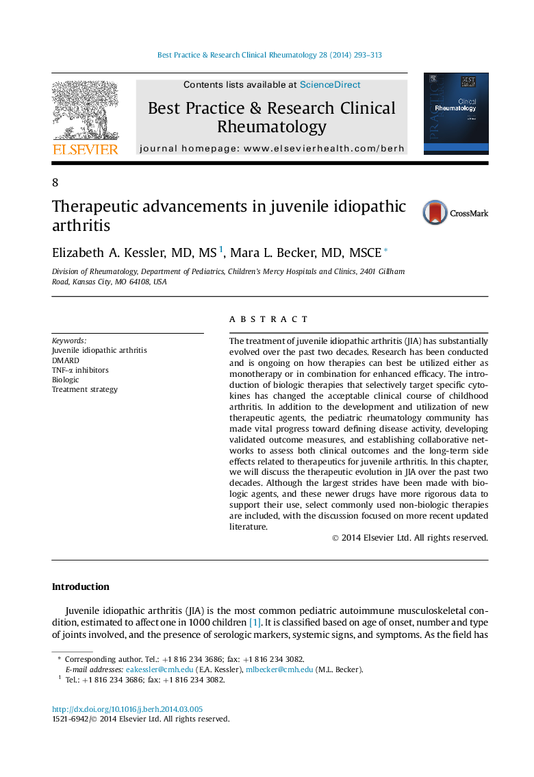 Therapeutic advancements in juvenile idiopathic arthritis