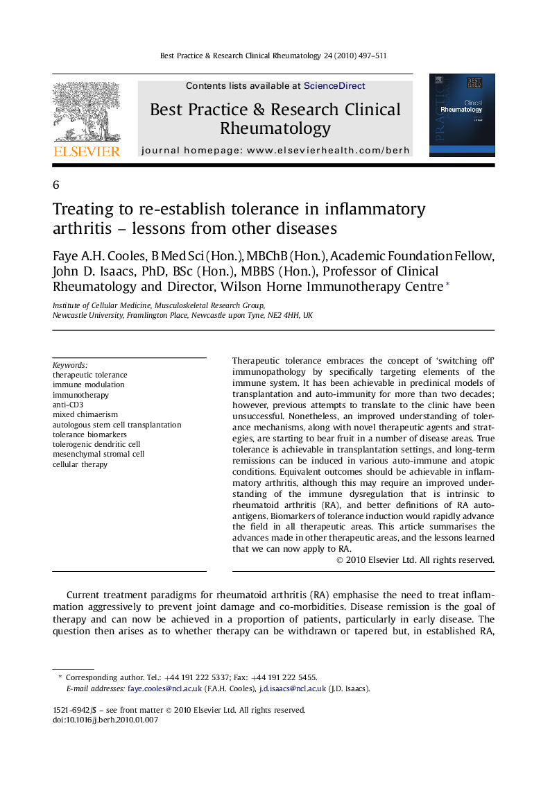 Treating to re-establish tolerance in inflammatory arthritis – lessons from other diseases