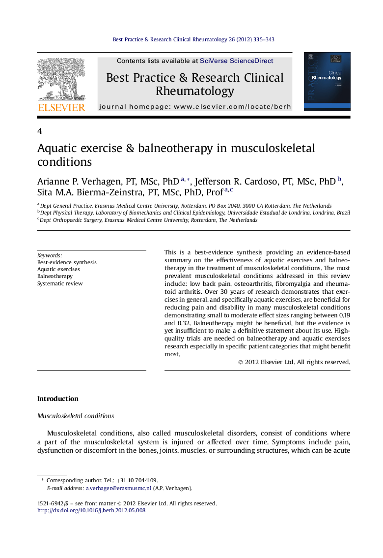 Aquatic exercise & balneotherapy in musculoskeletal conditions