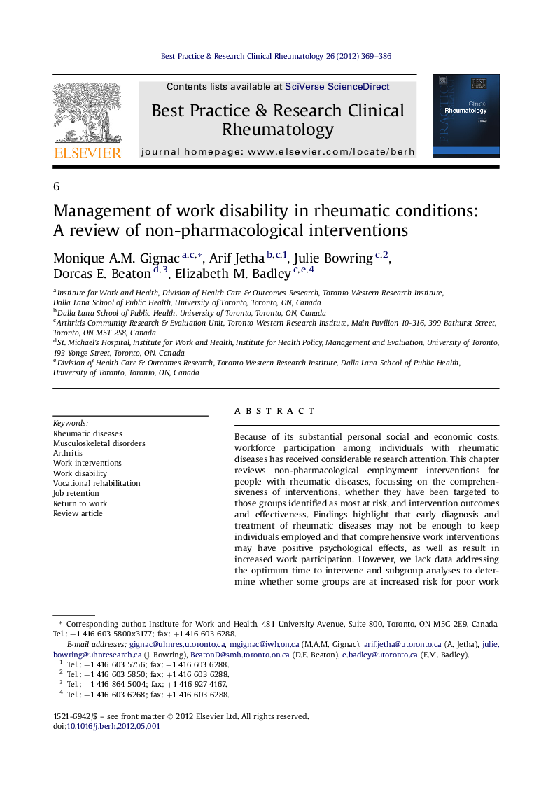 Management of work disability in rheumatic conditions: A review of non-pharmacological interventions