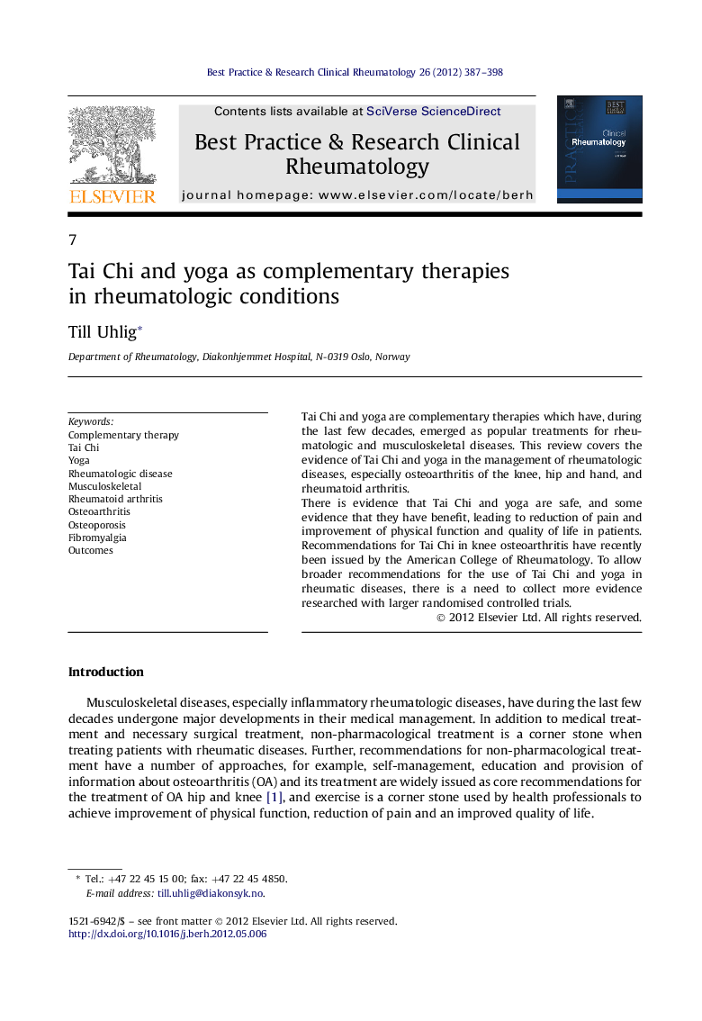 Tai Chi and yoga as complementary therapies in rheumatologic conditions