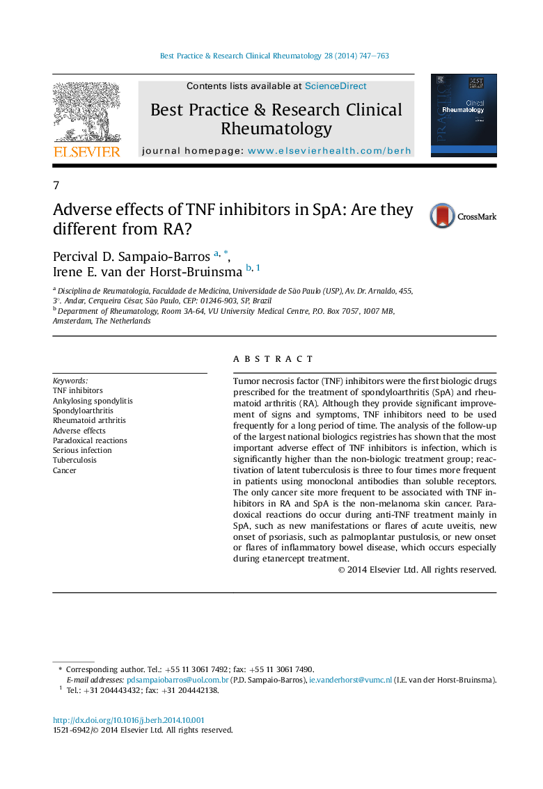 Adverse effects of TNF inhibitors in SpA: Are they different from RA?