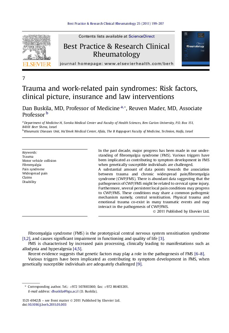 Trauma and work-related pain syndromes: Risk factors, clinical picture, insurance and law interventions