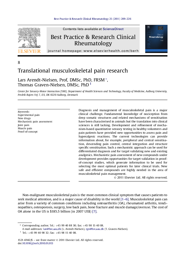 Translational musculoskeletal pain research