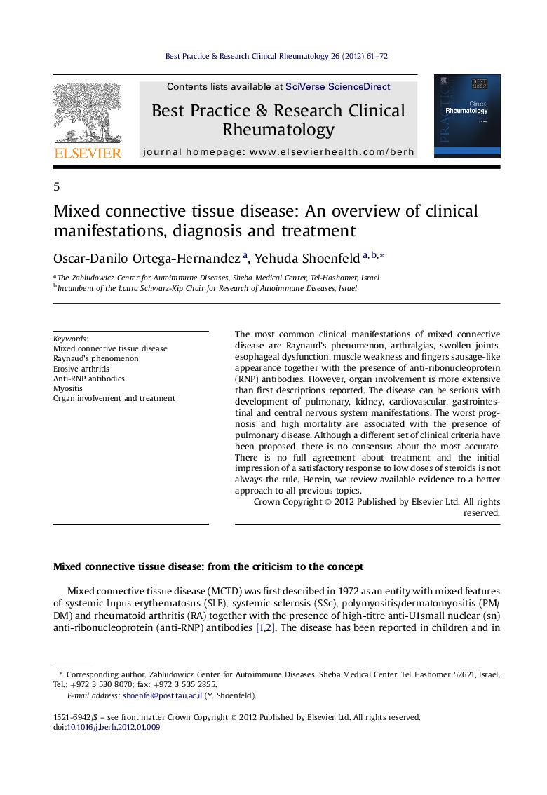 Mixed connective tissue disease: An overview of clinical manifestations, diagnosis and treatment