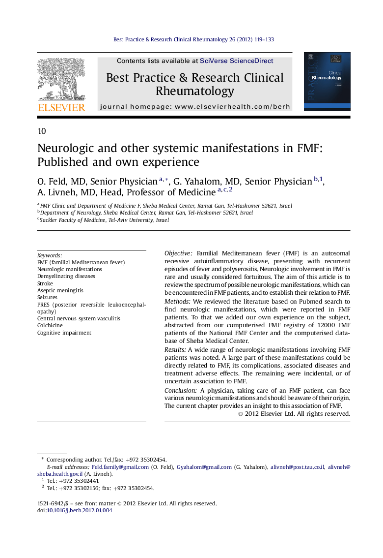 Neurologic and other systemic manifestations in FMF: Published and own experience