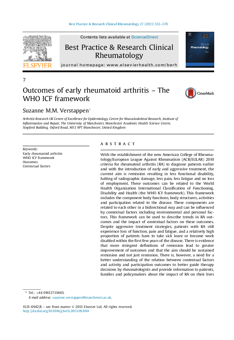 Outcomes of early rheumatoid arthritis – The WHO ICF framework