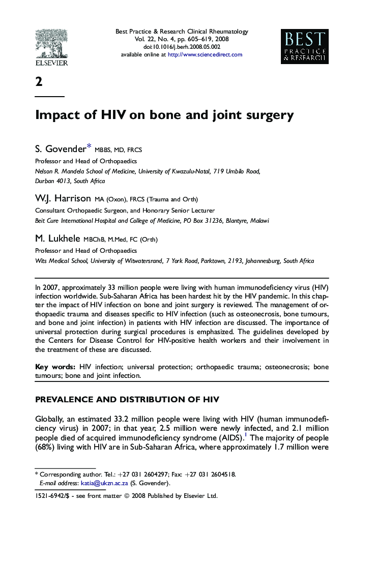 Impact of HIV on bone and joint surgery