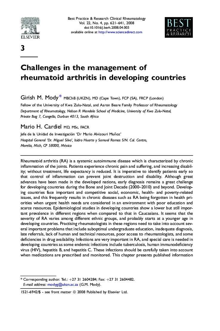 Challenges in the management of rheumatoid arthritis in developing countries