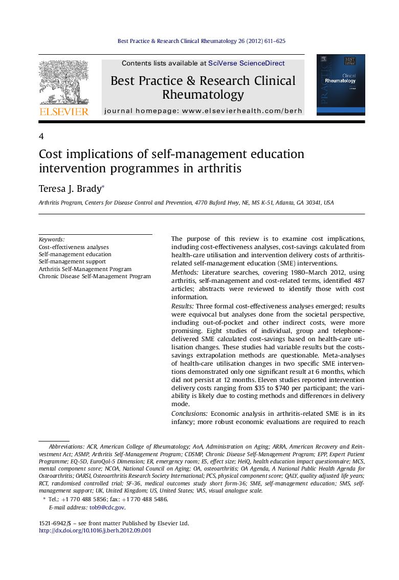 Cost implications of self-management education intervention programmes in arthritis