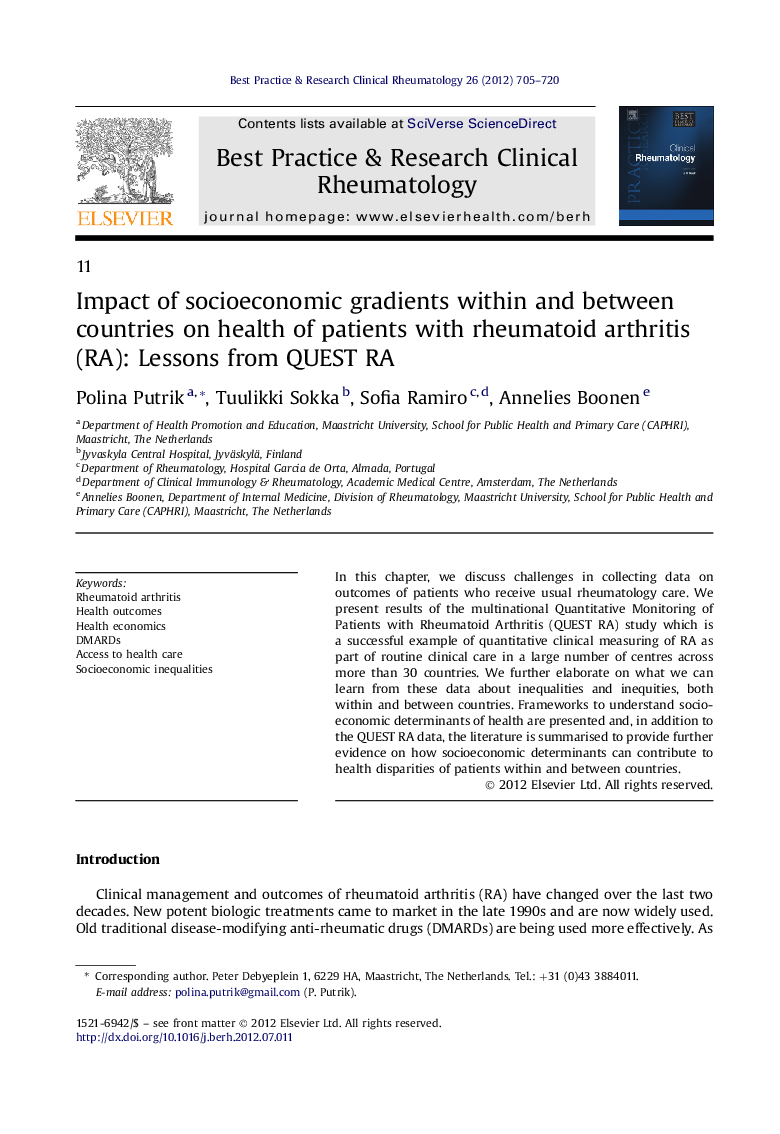 Impact of socioeconomic gradients within and between countries on health of patients with rheumatoid arthritis (RA): Lessons from QUEST RA