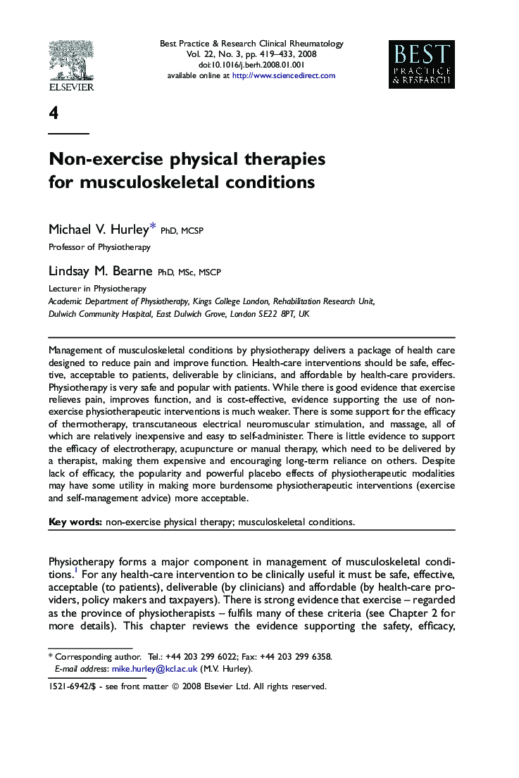 عکس صفحه اول مقاله: Non-exercise physical therapies for musculoskeletal conditions Non-exercise physical therapies for musculoskeletal conditions