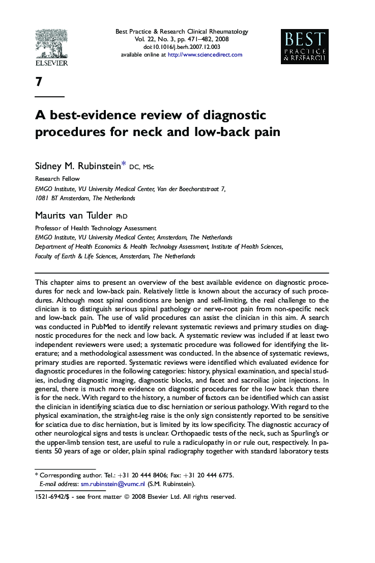 A best-evidence review of diagnostic procedures for neck and low-back pain