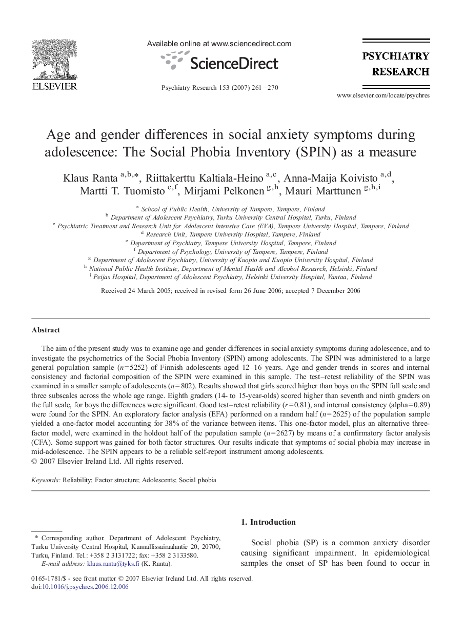 Age and gender differences in social anxiety symptoms during adolescence: The Social Phobia Inventory (SPIN) as a measure