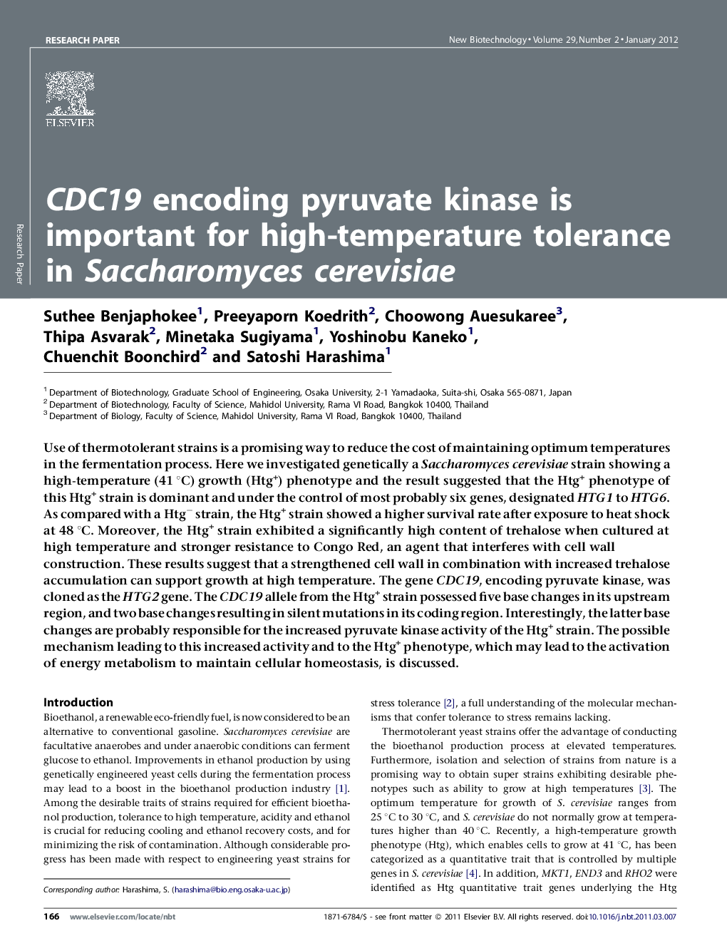 CDC19 encoding pyruvate kinase is important for high-temperature tolerance in Saccharomyces cerevisiae