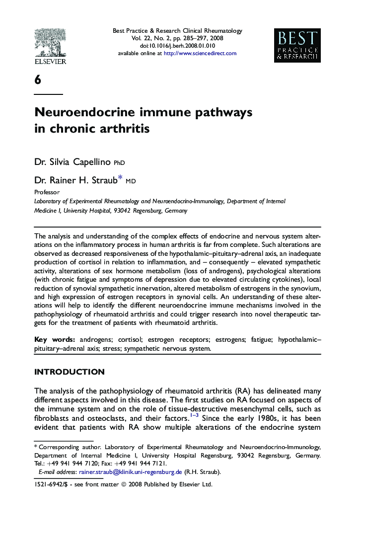 Neuroendocrine immune pathways in chronic arthritis