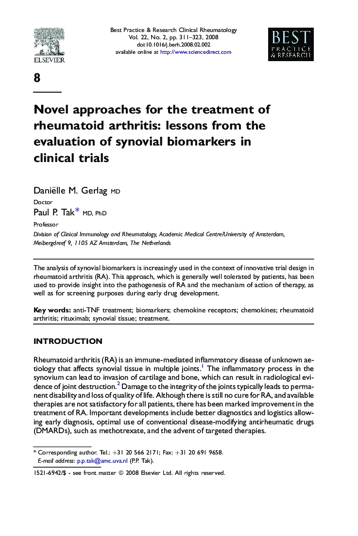 Novel approaches for the treatment of rheumatoid arthritis: lessons from the evaluation of synovial biomarkers in clinical trials