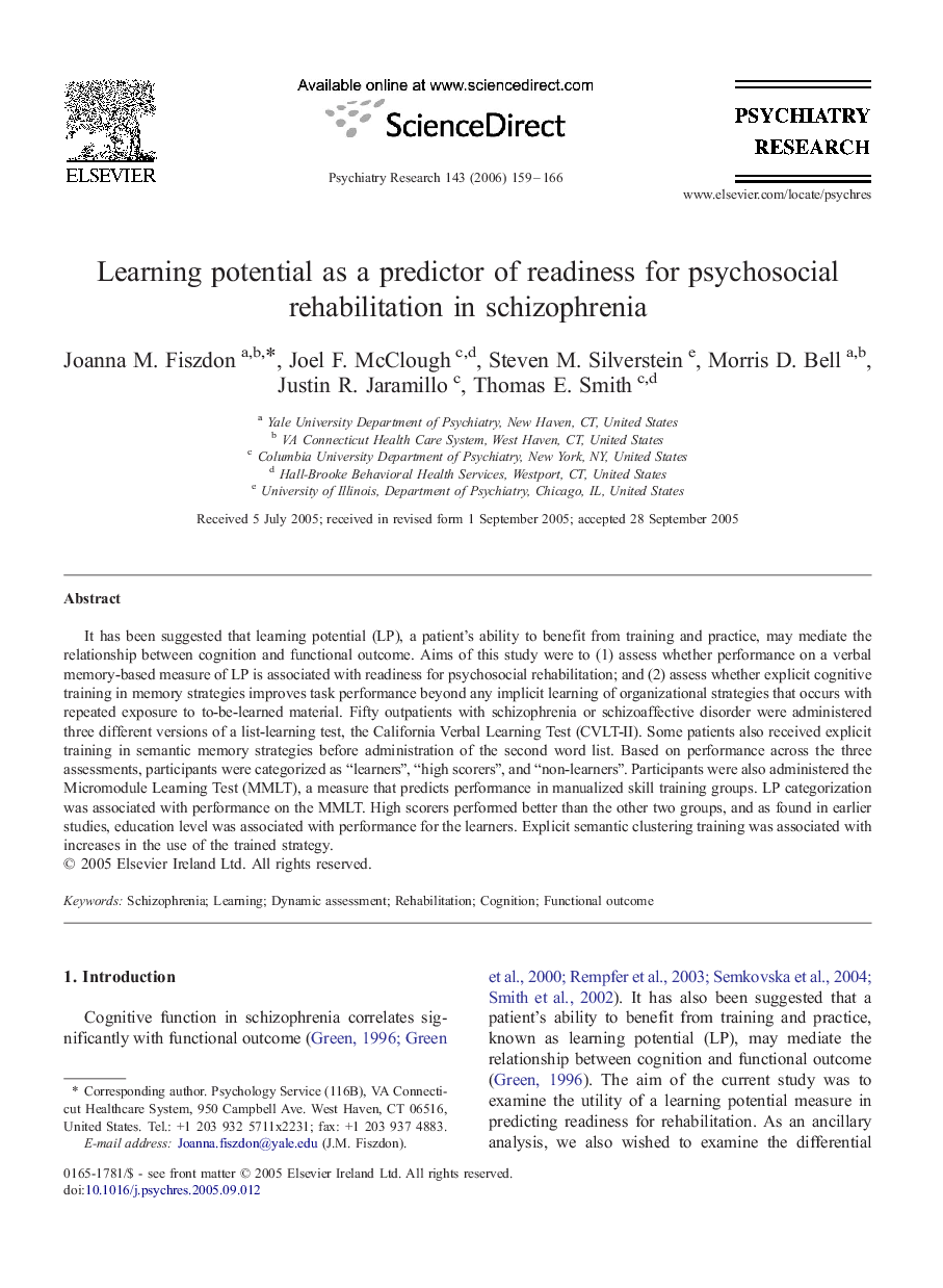 Learning potential as a predictor of readiness for psychosocial rehabilitation in schizophrenia