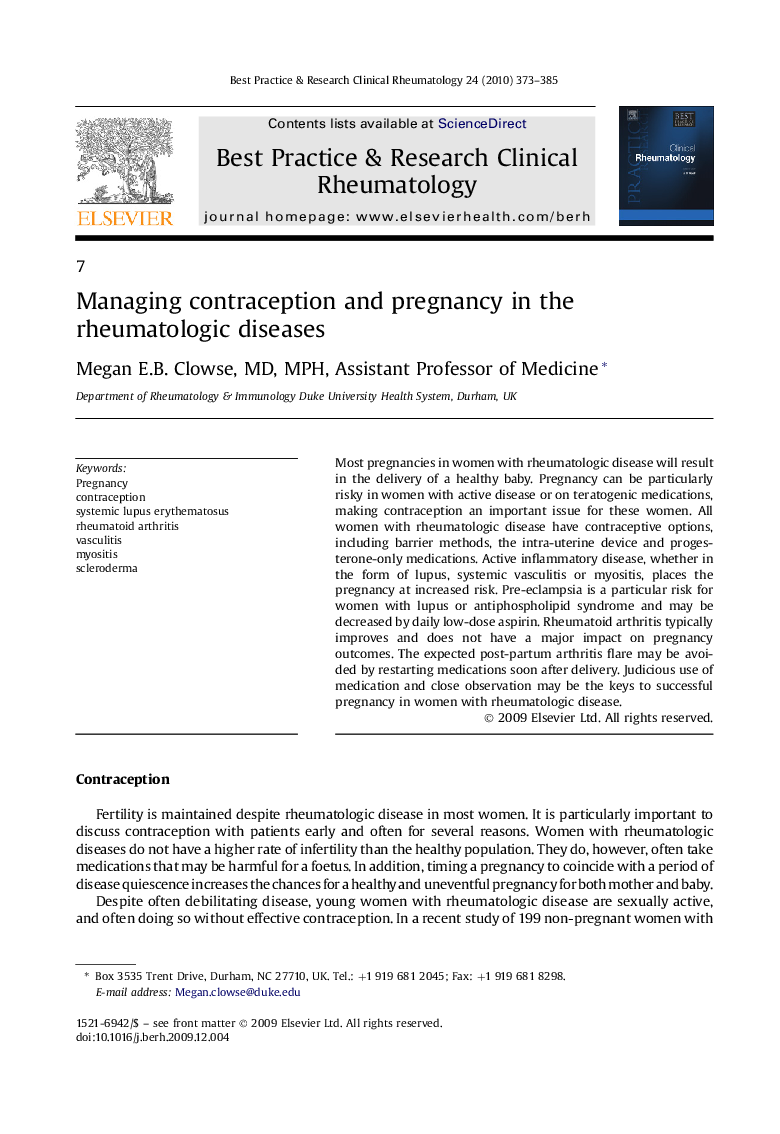 Managing contraception and pregnancy in the rheumatologic diseases