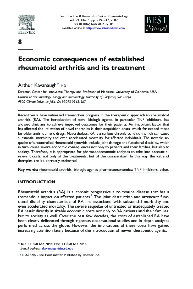 Economic consequences of established rheumatoid arthritis and its treatment