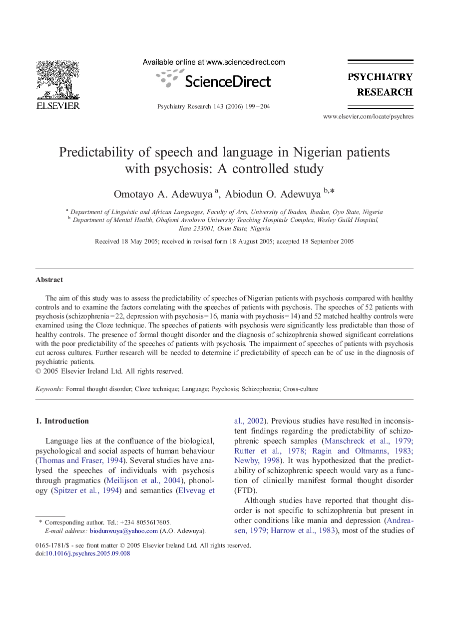 Predictability of speech and language in Nigerian patients with psychosis: A controlled study