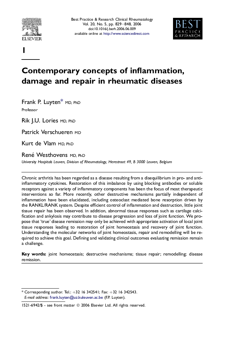 Contemporary concepts of inflammation, damage and repair in rheumatic diseases