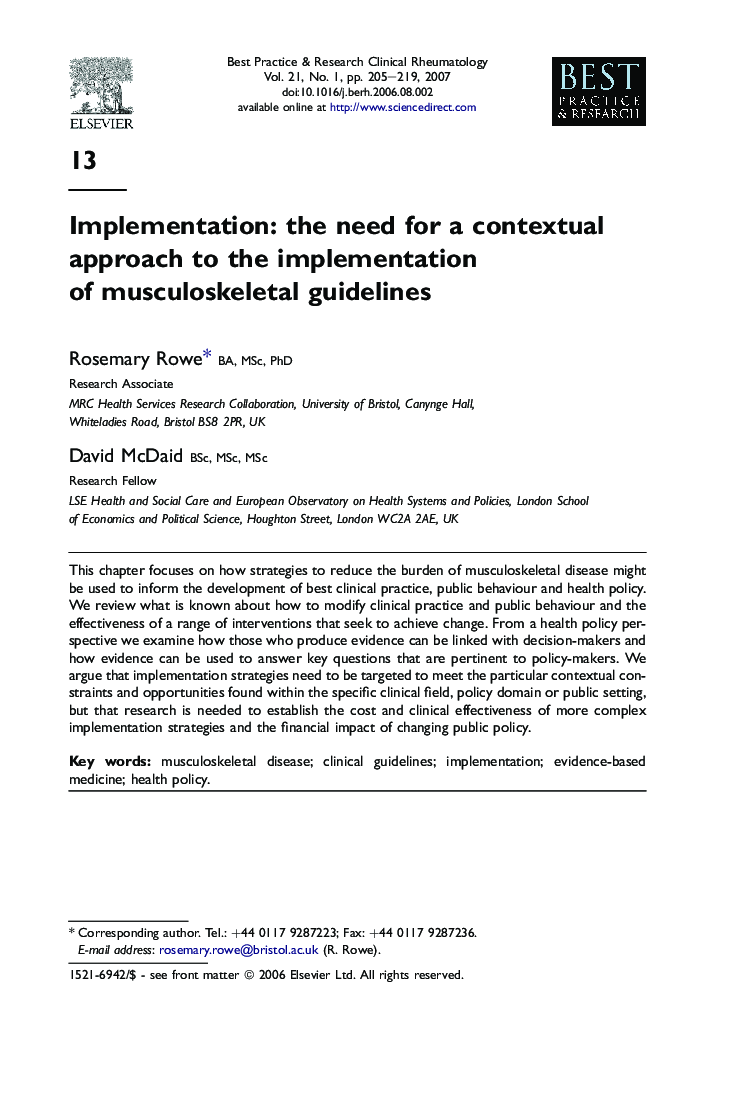 Implementation: the need for a contextual approach to the implementation of musculoskeletal guidelines