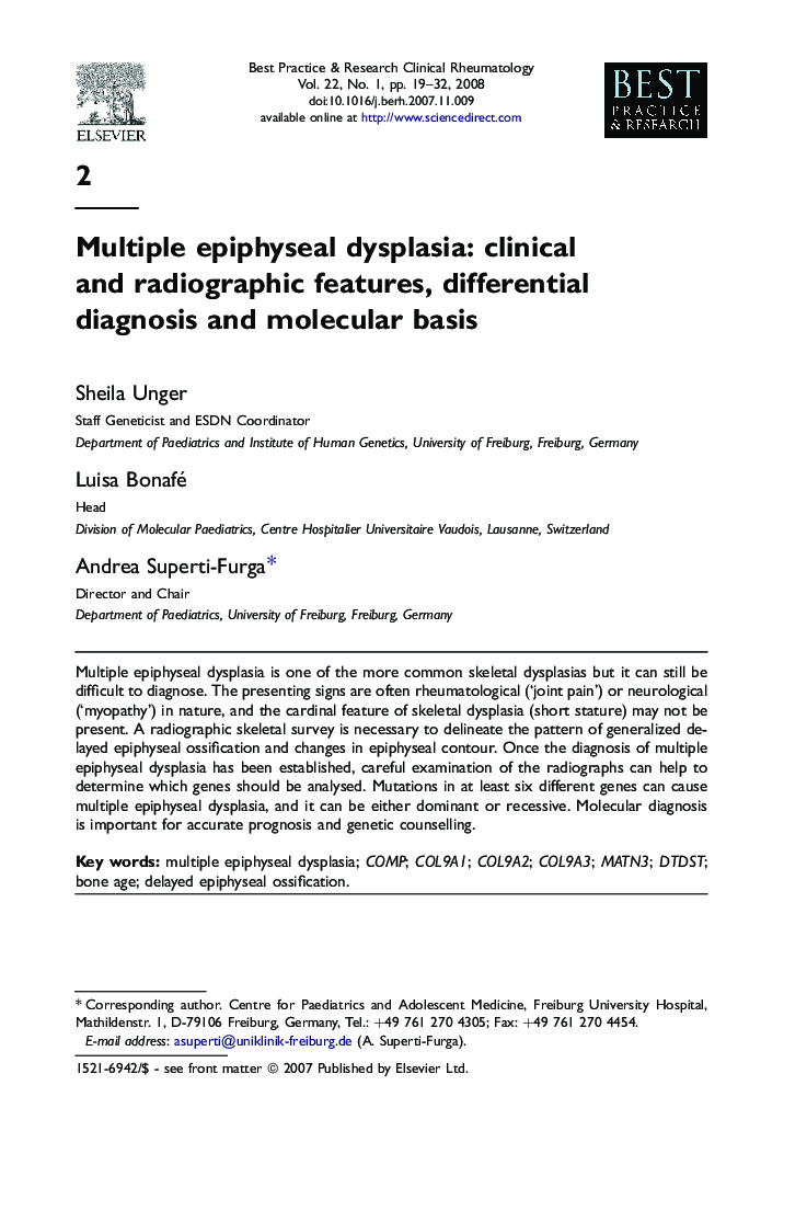 Multiple epiphyseal dysplasia: clinical and radiographic features, differential diagnosis and molecular basis