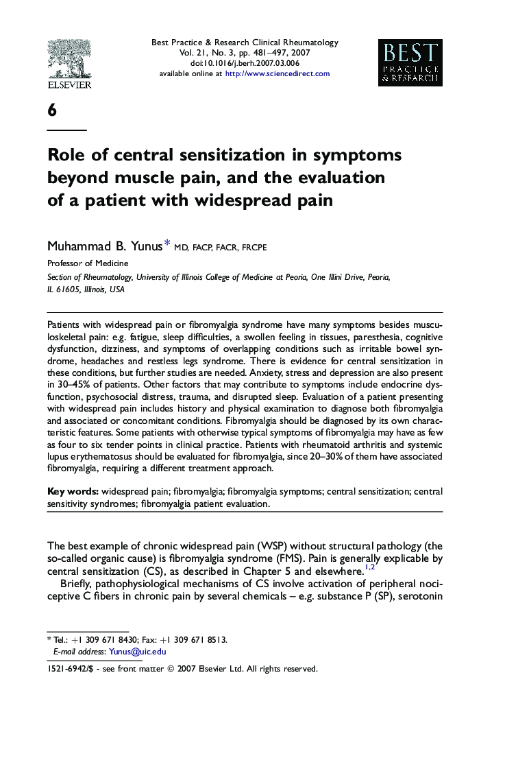 Role of central sensitization in symptoms beyond muscle pain, and the evaluation of a patient with widespread pain