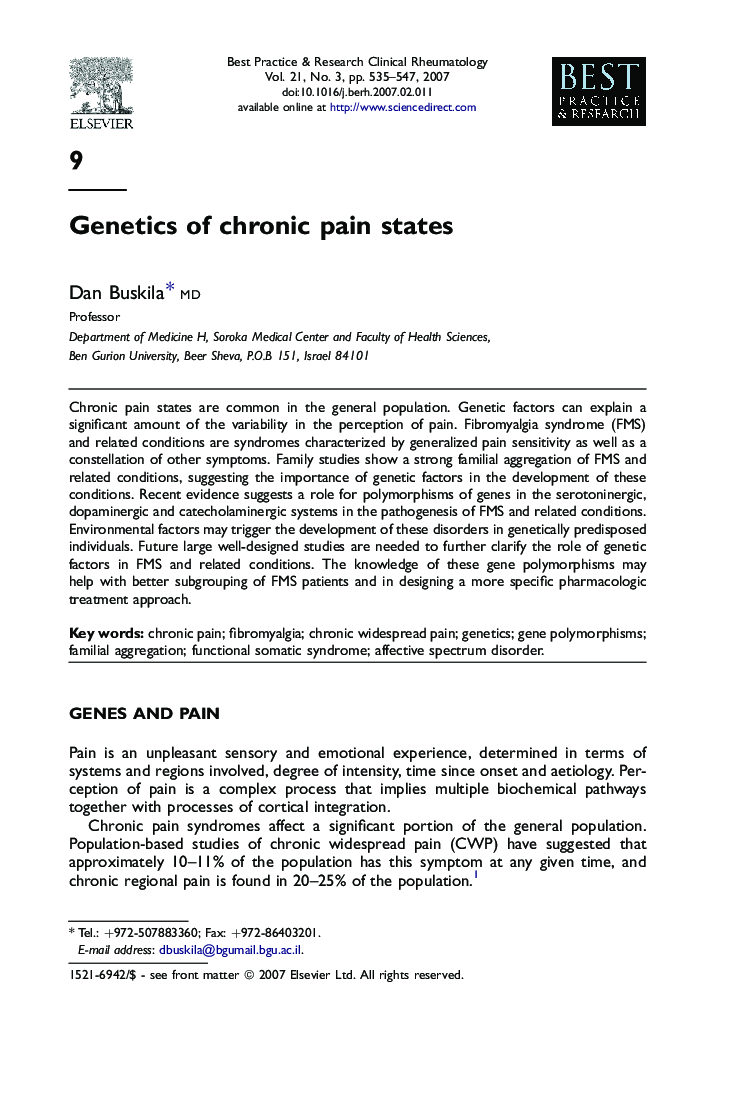 Genetics of chronic pain states