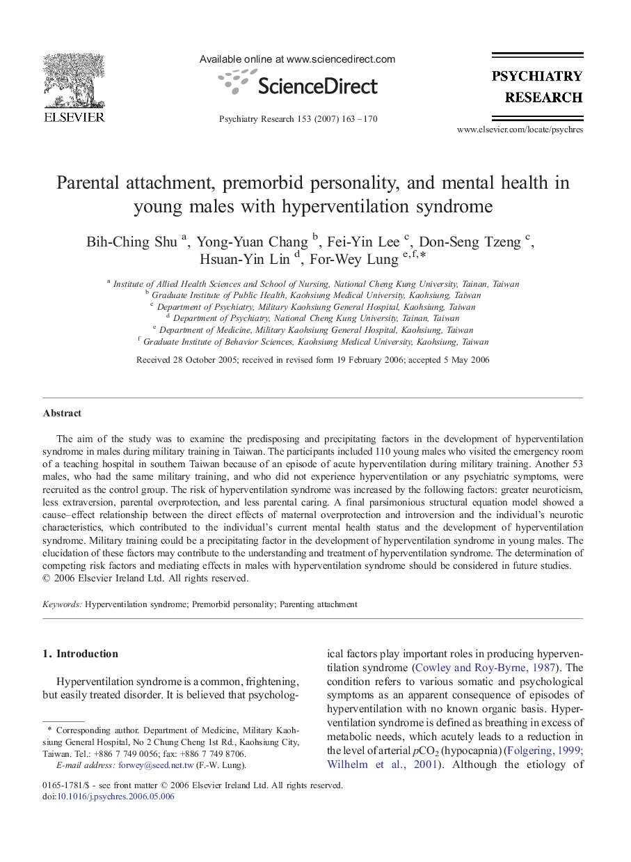 Parental attachment, premorbid personality, and mental health in young males with hyperventilation syndrome