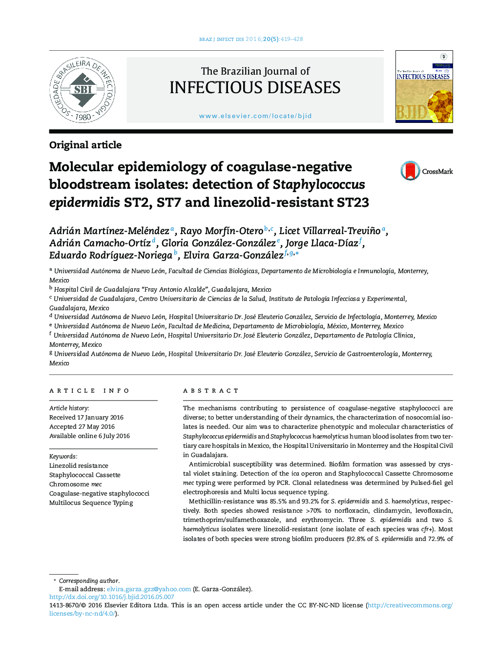 Molecular epidemiology of coagulase-negative bloodstream isolates: detection of Staphylococcus epidermidis ST2, ST7 and linezolid-resistant ST23