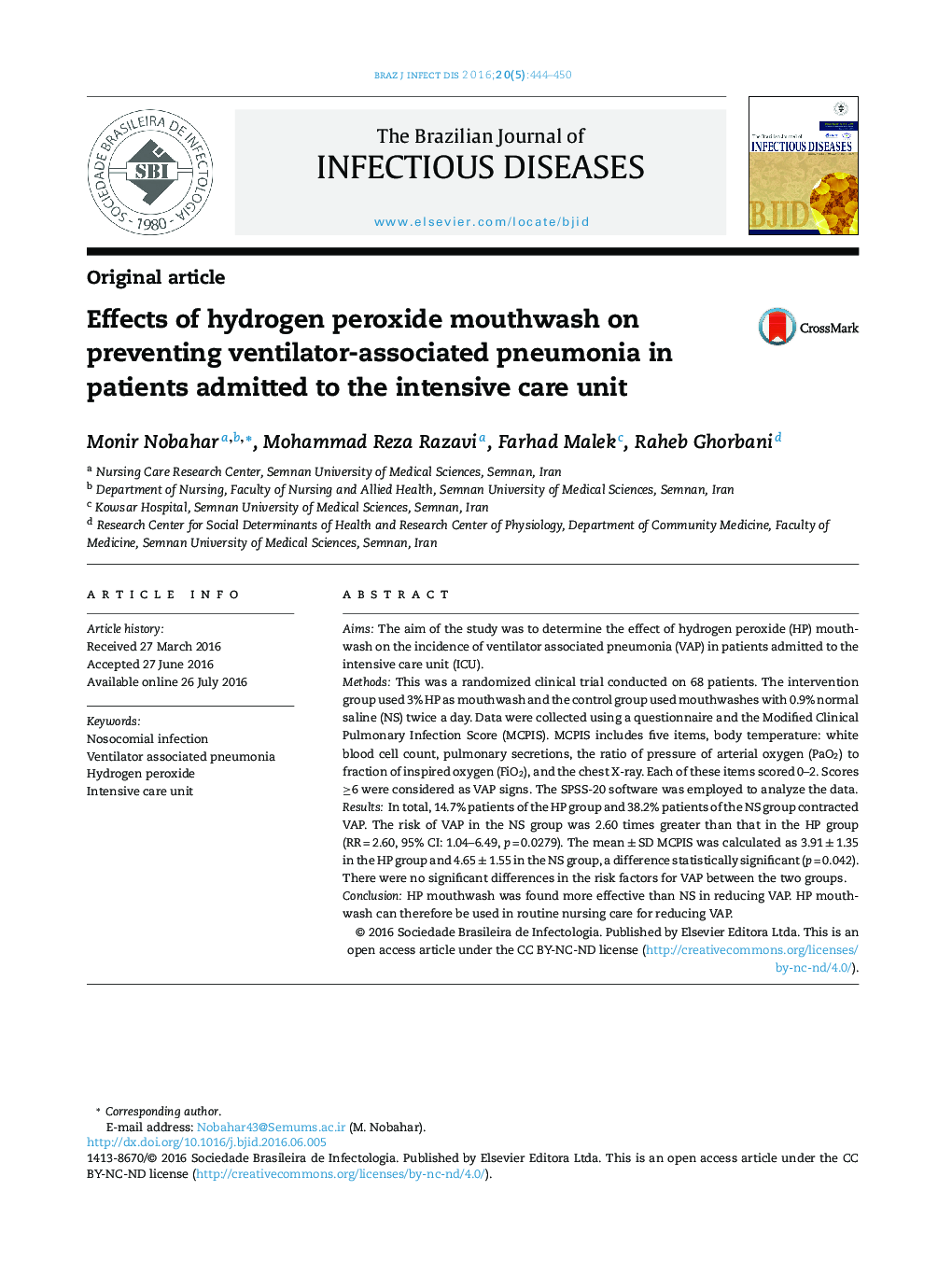 Effects of hydrogen peroxide mouthwash on preventing ventilator-associated pneumonia in patients admitted to the intensive care unit