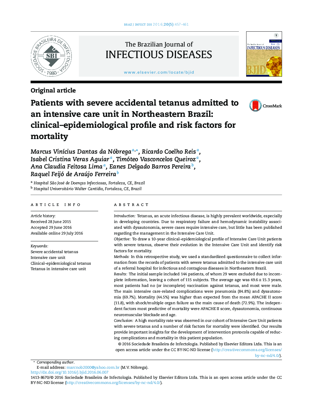 Patients with severe accidental tetanus admitted to an intensive care unit in Northeastern Brazil: clinical–epidemiological profile and risk factors for mortality