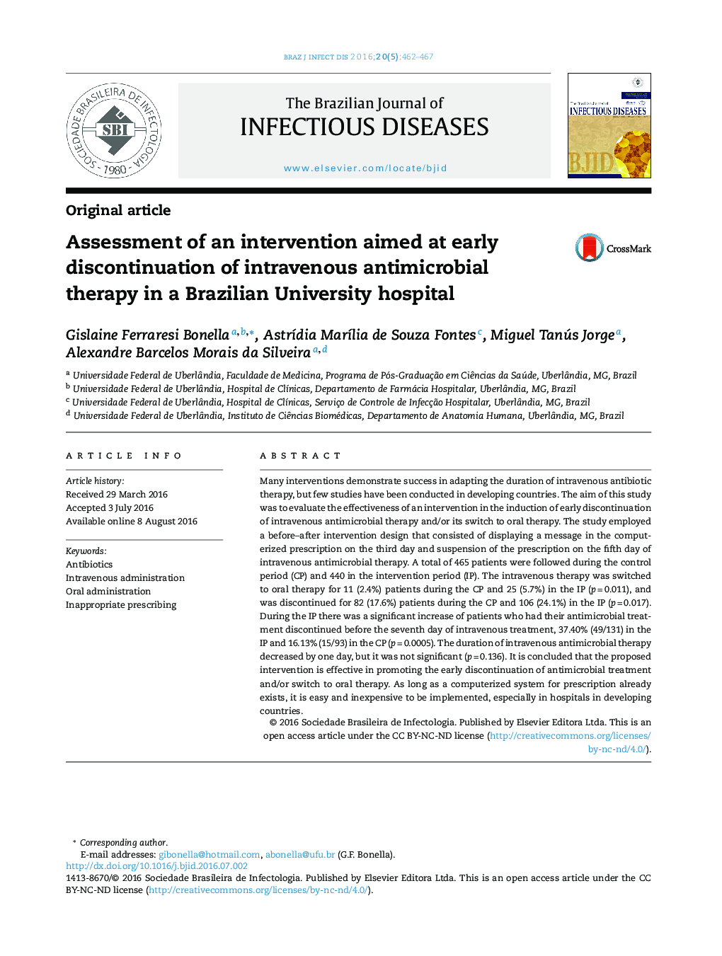 Assessment of an intervention aimed at early discontinuation of intravenous antimicrobial therapy in a Brazilian University hospital