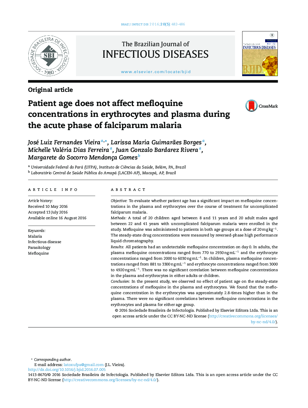 Patient age does not affect mefloquine concentrations in erythrocytes and plasma during the acute phase of falciparum malaria