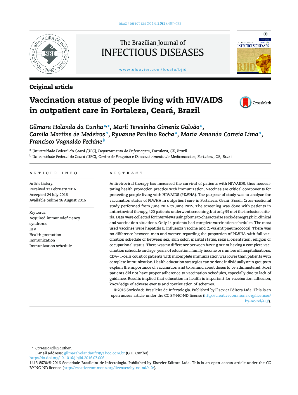 وضعیت واکسیناسیون افراد مبتلا به HIV/AIDS در بیماران سرپایی در فورتالزا، سیرا، برزیل