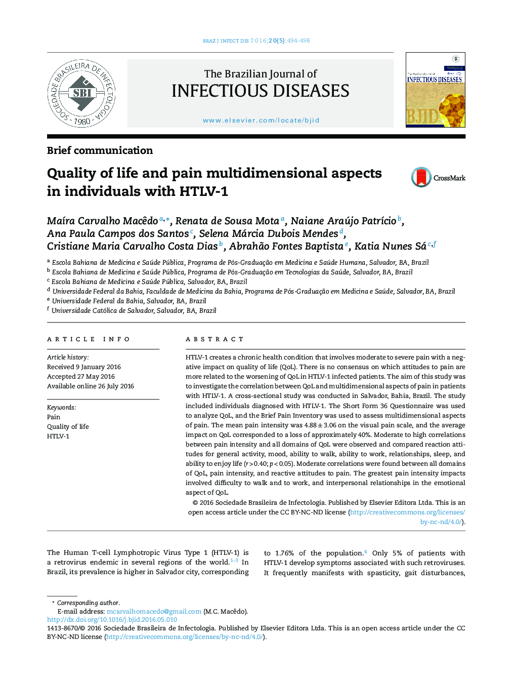 Quality of life and pain multidimensional aspects in individuals with HTLV-1