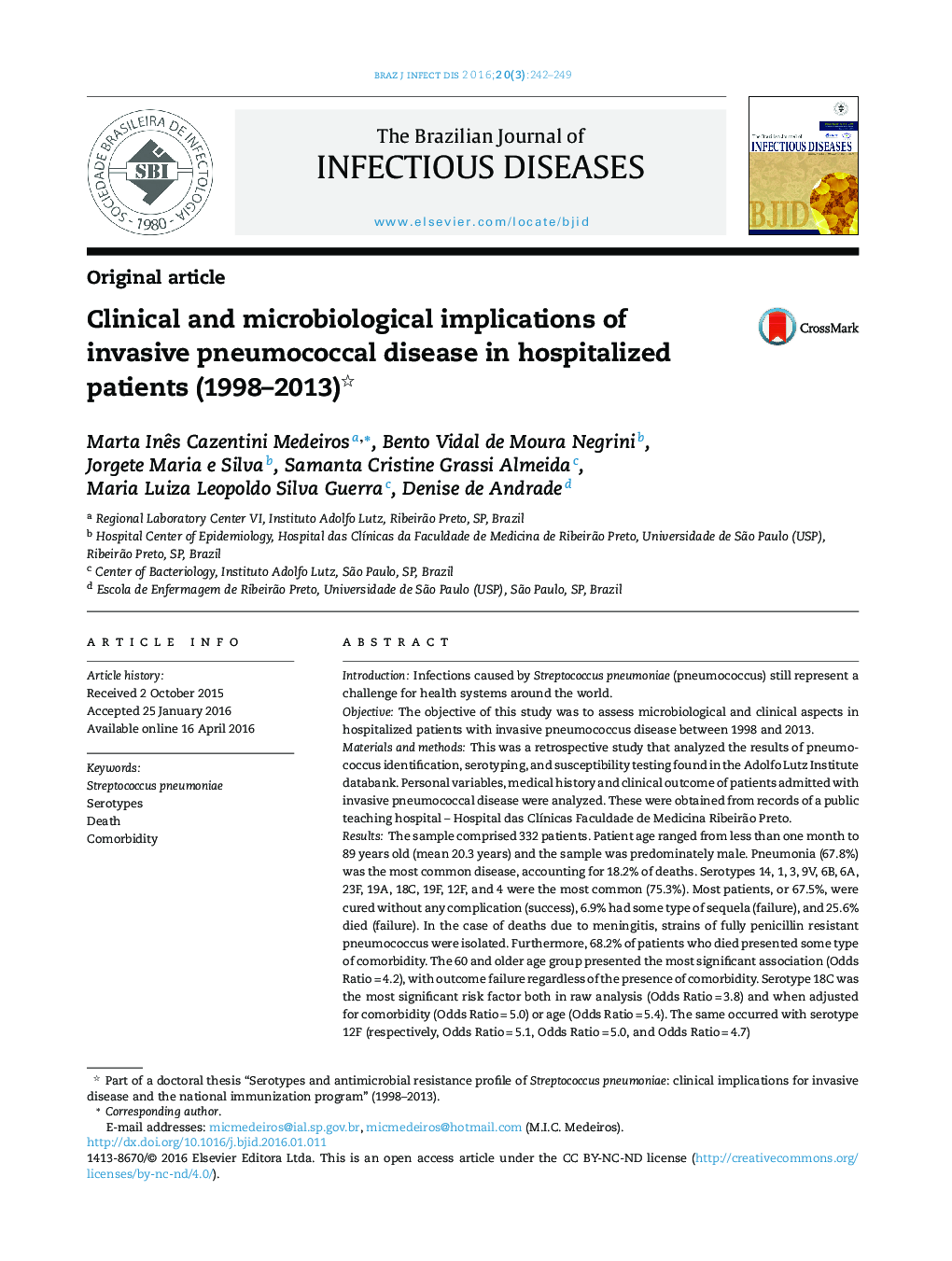 Clinical and microbiological implications of invasive pneumococcal disease in hospitalized patients (1998–2013) 