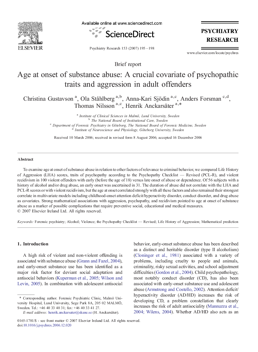 Age at onset of substance abuse: A crucial covariate of psychopathic traits and aggression in adult offenders