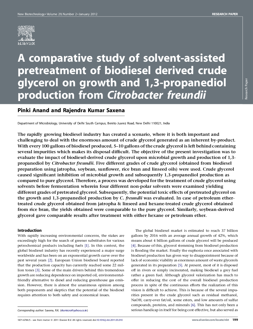 A comparative study of solvent-assisted pretreatment of biodiesel derived crude glycerol on growth and 1,3-propanediol production from Citrobacter freundii