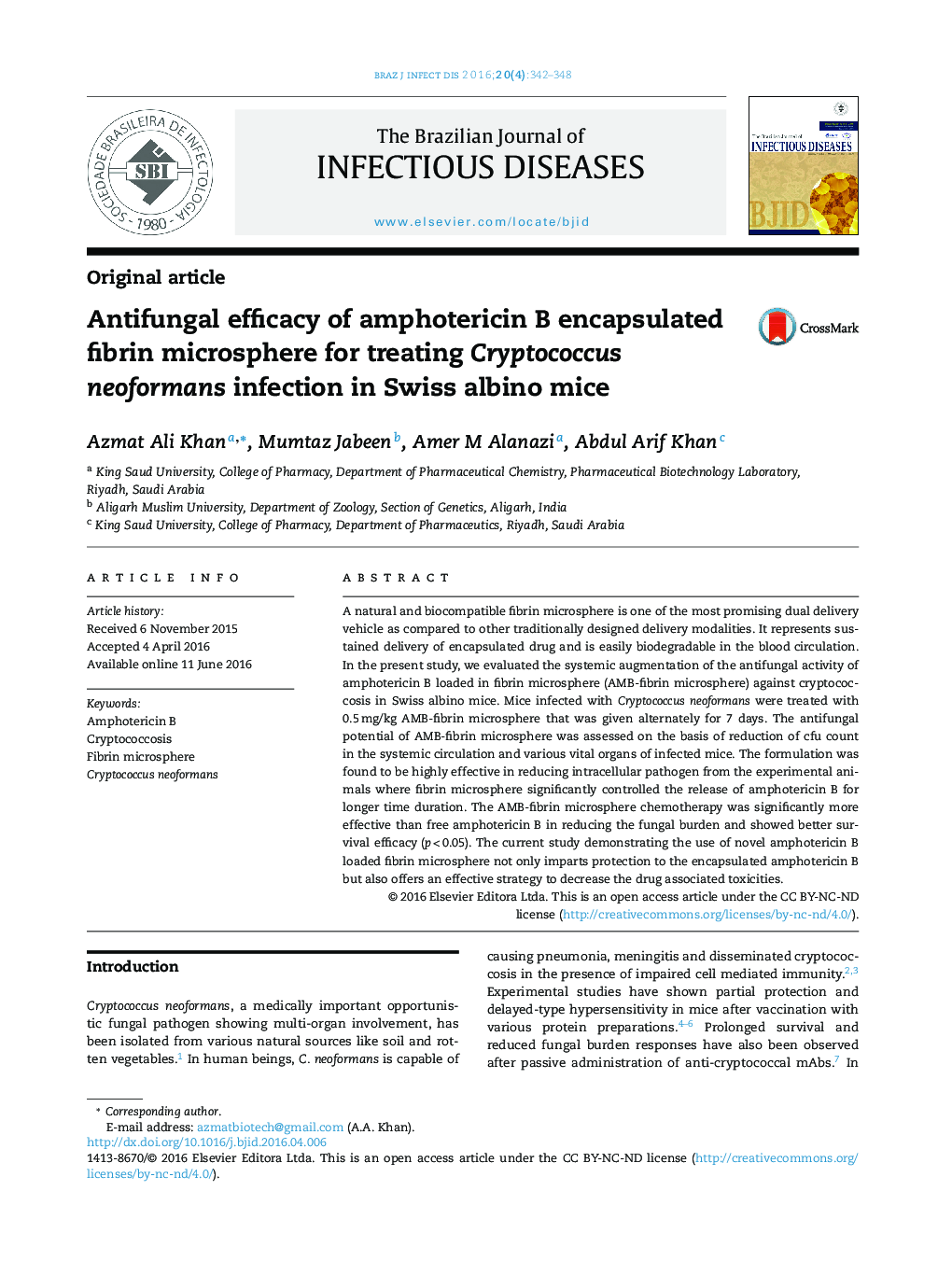 Antifungal efficacy of amphotericin B encapsulated fibrin microsphere for treating Cryptococcus neoformans infection in Swiss albino mice