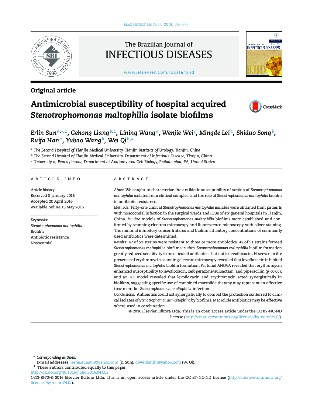Antimicrobial susceptibility of hospital acquired Stenotrophomonas maltophilia isolate biofilms