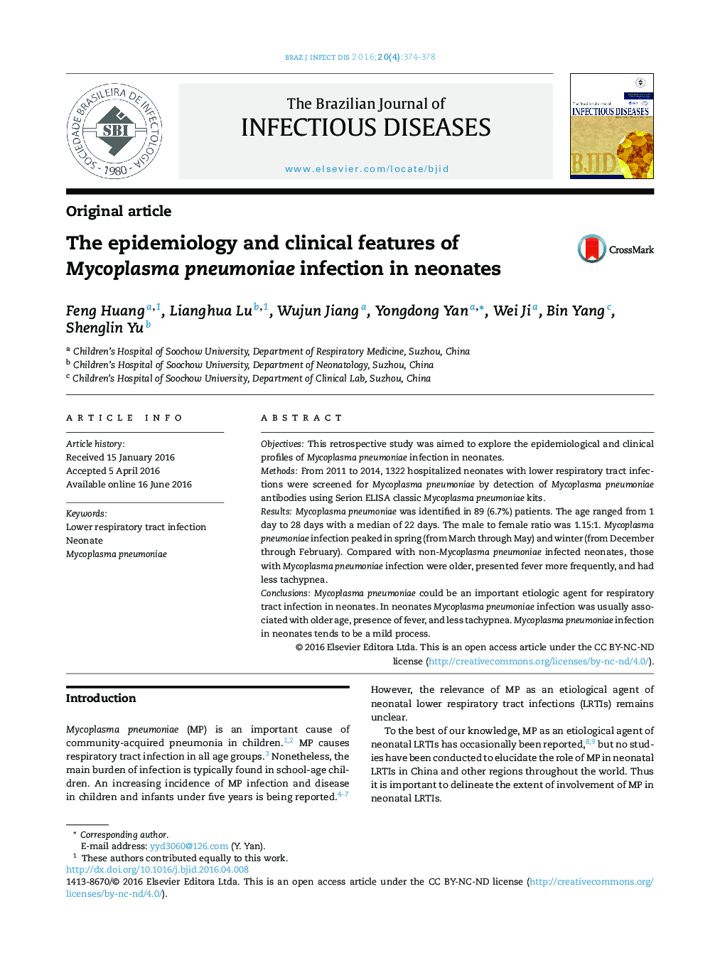 The epidemiology and clinical features of Mycoplasma pneumoniae infection in neonates