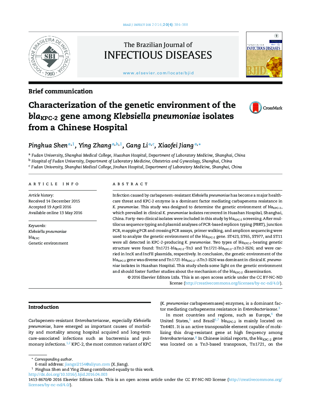 Characterization of the genetic environment of the blaKPC-2 gene among Klebsiella pneumoniae isolates from a Chinese Hospital