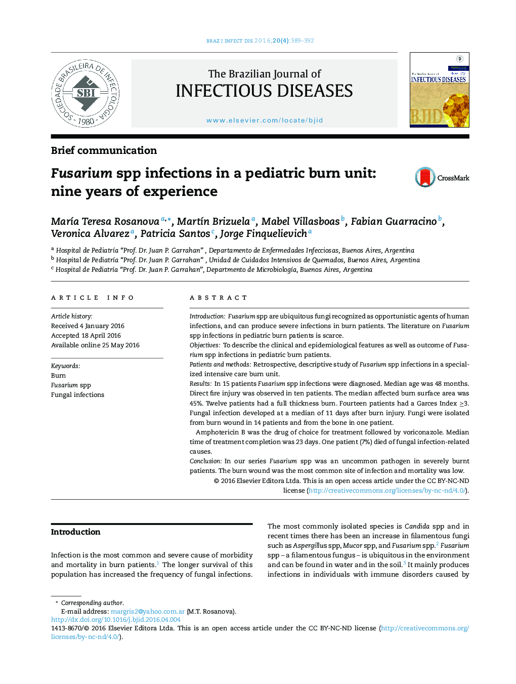 Fusarium spp infections in a pediatric burn unit: nine years of experience