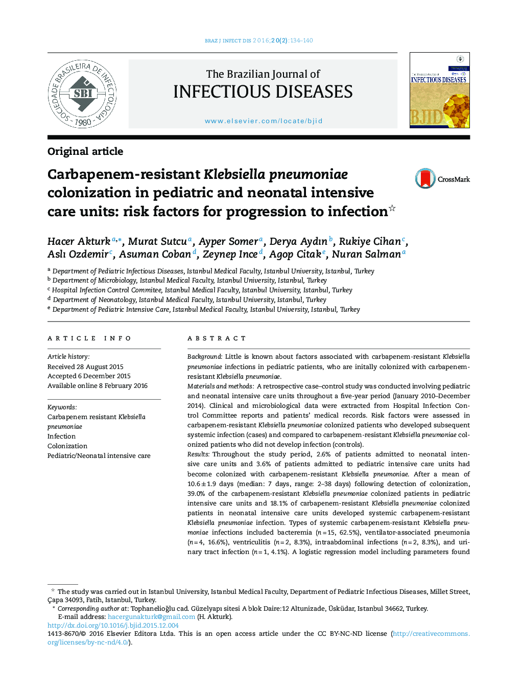 Carbapenem-resistant Klebsiella pneumoniae colonization in pediatric and neonatal intensive care units: risk factors for progression to infection 